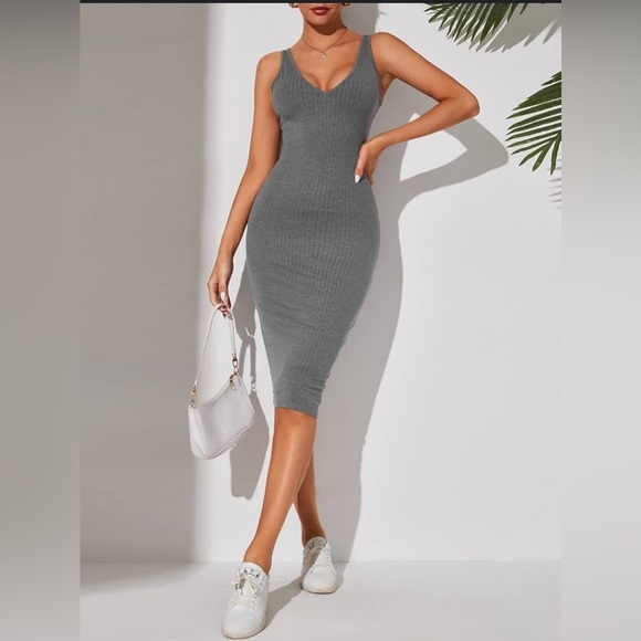 Gray Ribbed Bodycon Dress - Picture 1 of 8